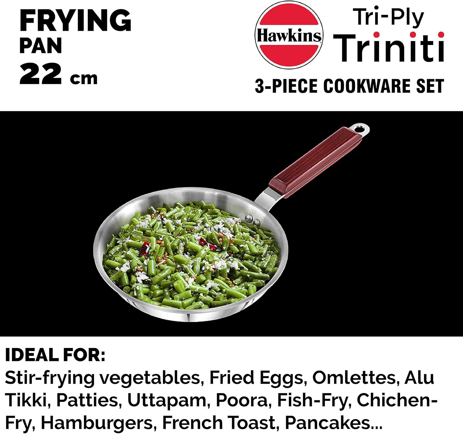 image:imageHawkins Triniti 3 Pieces Triply Stainless Steel Cookware Set 2 Frying Pan Tava DeepFry Pan with Glass Lid Silver SSET2