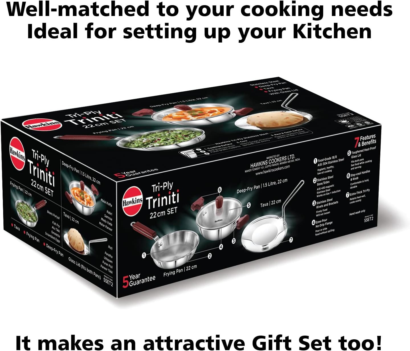 image:imageHawkins Triniti 3 Pieces Triply Stainless Steel Cookware Set 2 Frying Pan Tava DeepFry Pan with Glass Lid Silver SSET2