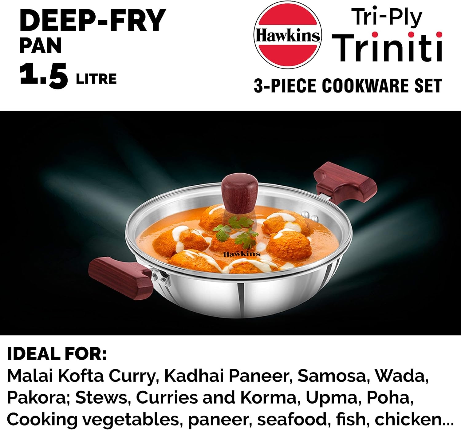 image:imageHawkins Triniti 3 Pieces Triply Stainless Steel Cookware Set 2 Frying Pan Tava DeepFry Pan with Glass Lid Silver SSET2