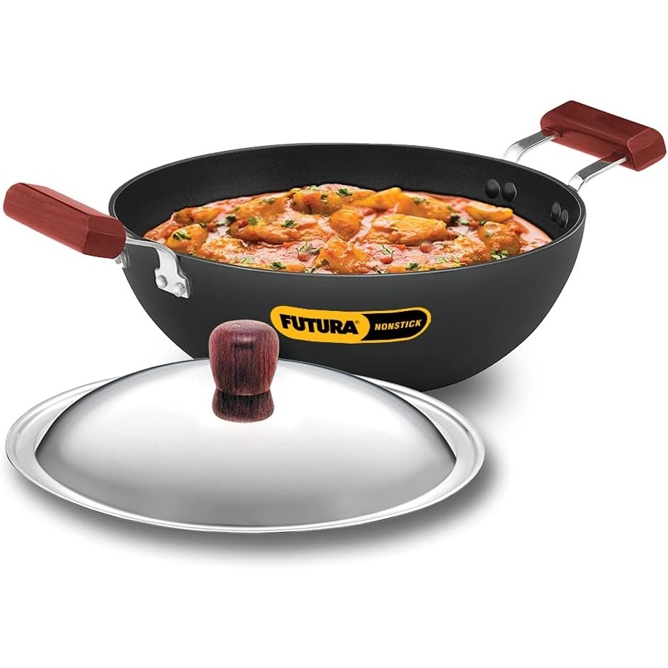 image:imageHAWKINS Futura 35 Litre Deep Kadhai Non Stick Kadai with Stainless Steel Lid Flat Bottom Induction Kadhai Black INK35S35 Litre