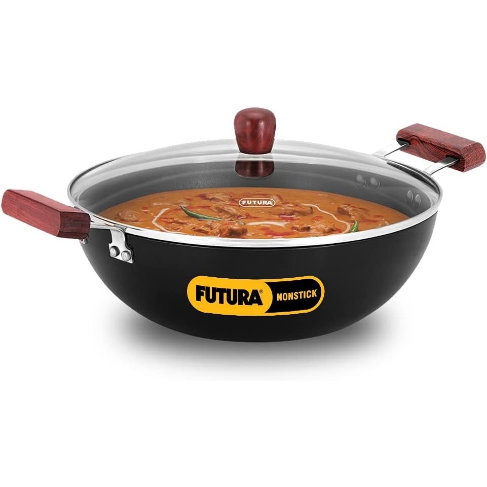 image:imageHAWKINS Futura 35 Litre Deep Kadhai Non Stick Kadai with Stainless Steel Lid Flat Bottom Induction Kadhai Black INK35S5 Litre