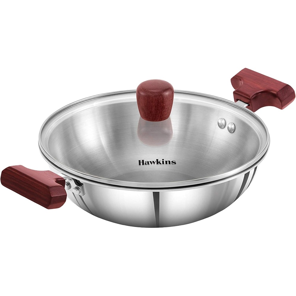 image:imageHawkins 15 Litre Deep Fry Pan Triply Stainless Steel Kadai with Glass Lid Flat Bottom Induction Kadhai Small Kadai Silver SSD15G