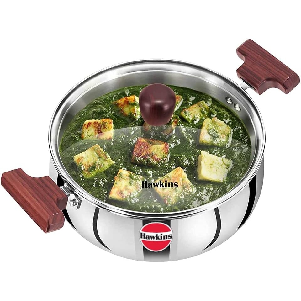 image:imageHawkins 2 Litre Cook n Serve Handi Triply Stainless Steel Handi with Glass Lid Induction Sauce Pan Biryani Handi Saucepan Silver SSH20G