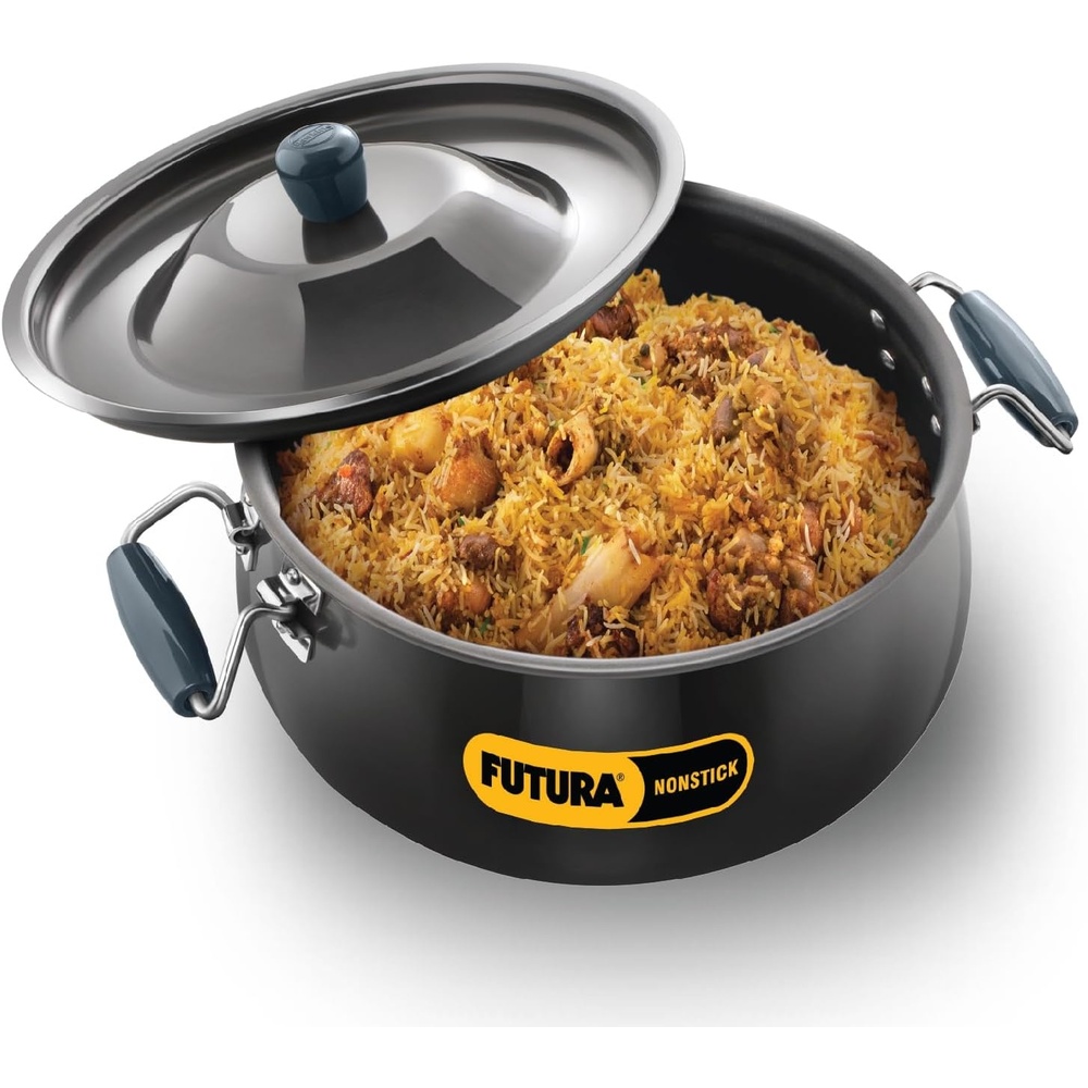 image:imageHawkins Futura 12 Litre BigBoy Biryani Handi Non Stick Pot with Hard Anodised Lid Sauce Pan for Cooking and Serving Biriyani Black NBH12 Aluminium