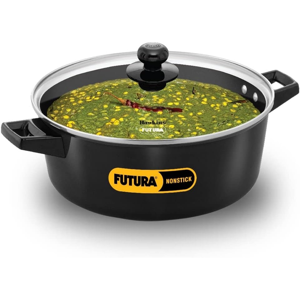 image:imageHawkins Futura 5 Litre Cook n Serve Casserole Non Stick Saucepan with Glass Lid Induction Sauce Pan for Cooking and Serving Black INCB50G
