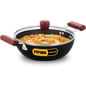 image:imageHAWKINS Futura 35 Litre Deep Kadhai Non Stick Kadai with Stainless Steel Lid Flat Bottom Induction Kadhai Black INK35S25 Litre