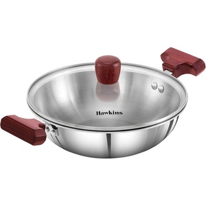 image:imageHawkins 15 Litre Deep Fry Pan Triply Stainless Steel Kadai with Glass Lid Flat Bottom Induction Kadhai Small Kadai Silver SSD15G