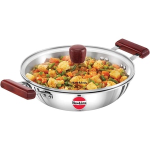 image:imageHawkins 25 Litre Deep Fry Pan Triply Stainless Steel Kadai with Glass Lid Flat Bottom Induction Kadhai Silver SSD25G