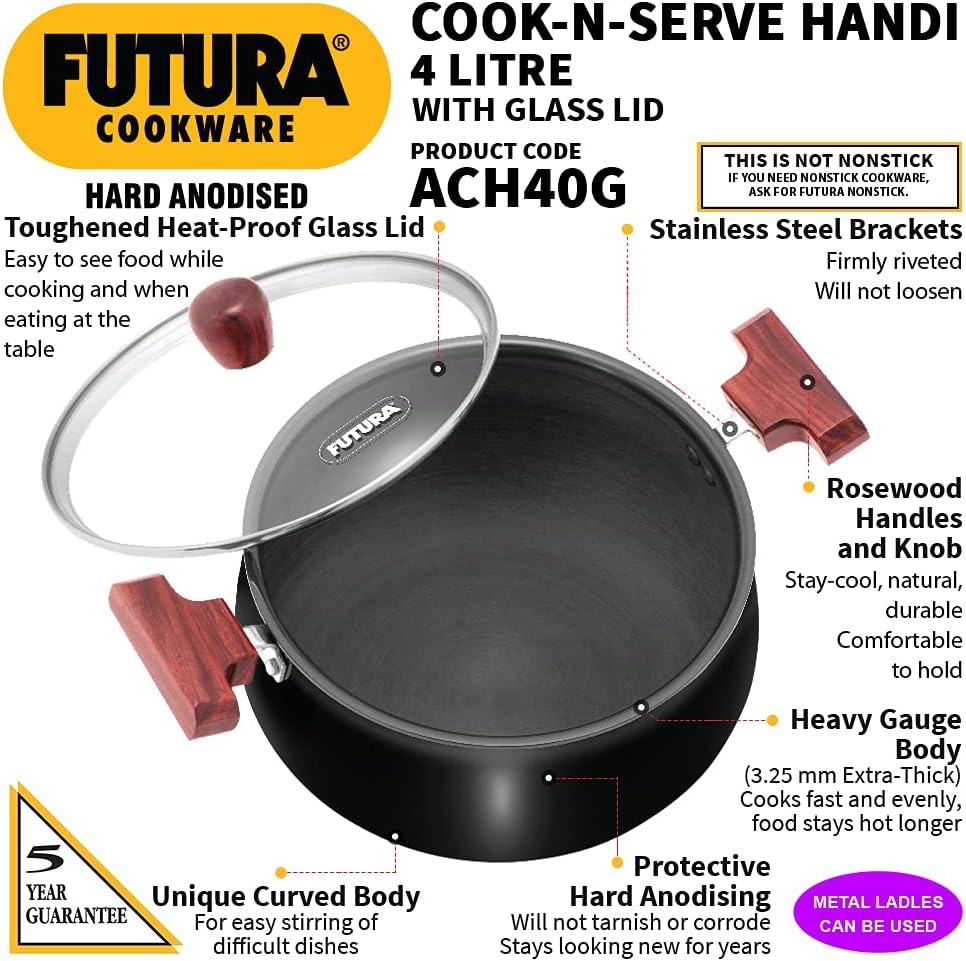 image:imageFUTURA Hawkins with 4 liters cook and serve handi glass lid hard anodized biryani handi pot black ACH40G