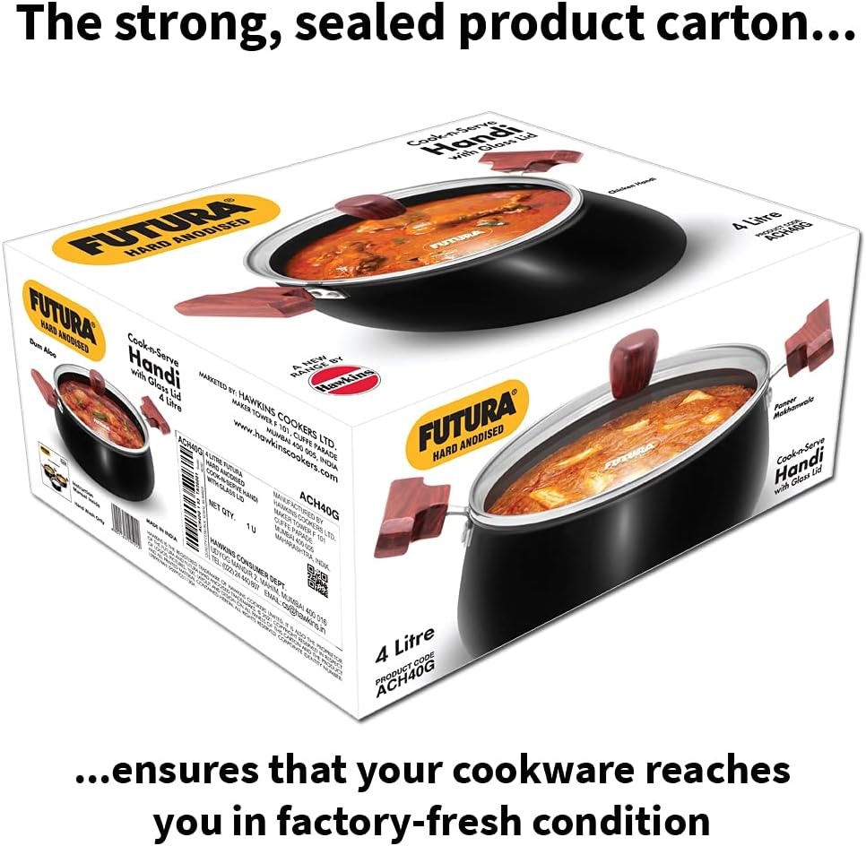 image:imageFUTURA Hawkins with 4 liters cook and serve handi glass lid hard anodized biryani handi pot black ACH40G