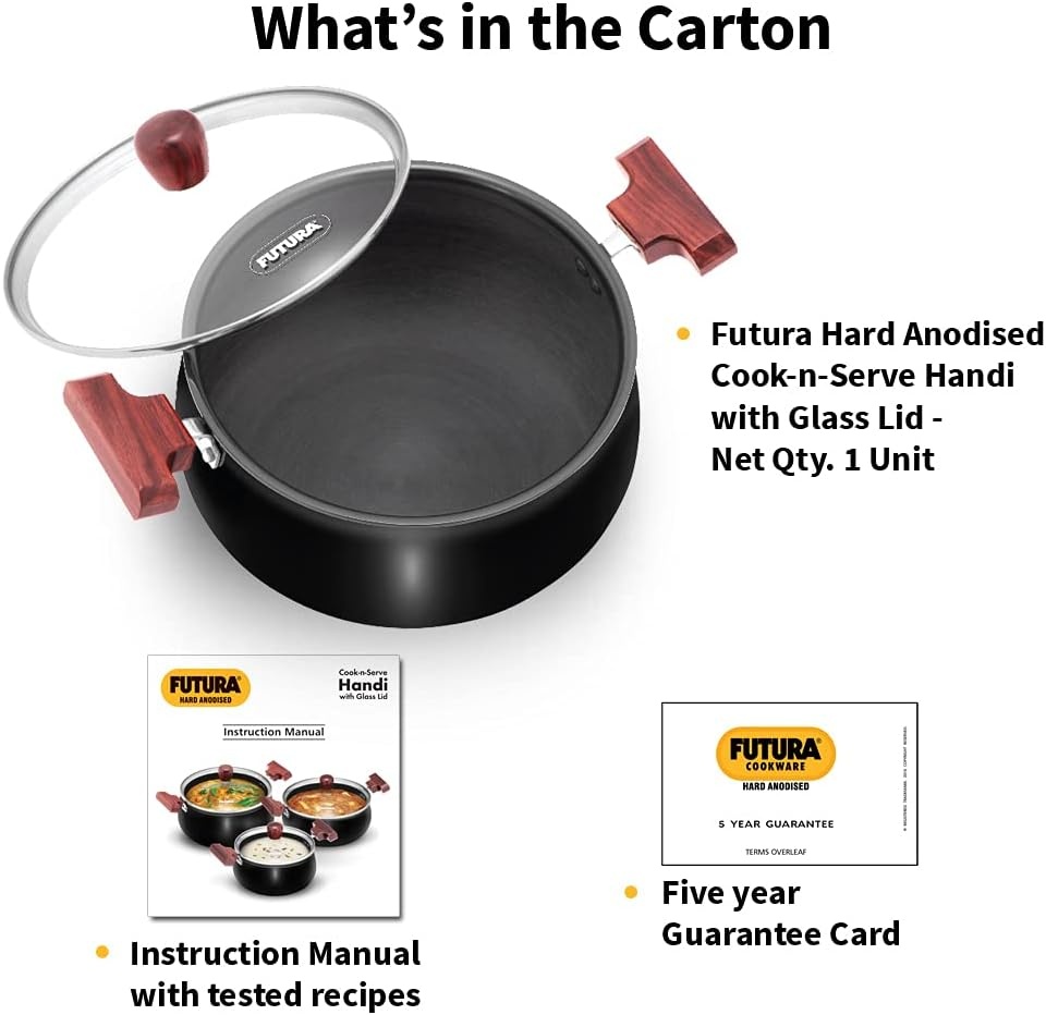 image:imageFUTURA Hawkins with 4 liters cook and serve handi glass lid hard anodized biryani handi pot black ACH40G