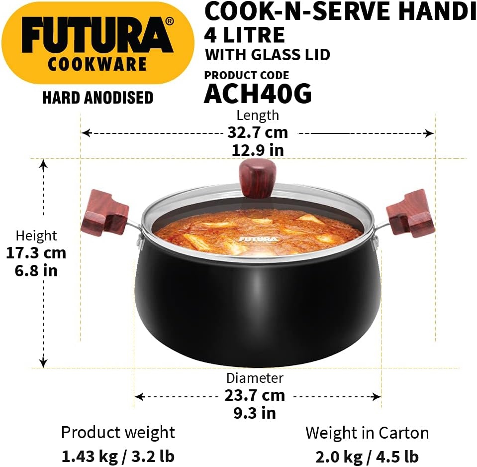 image:imageFUTURA Hawkins with 4 liters cook and serve handi glass lid hard anodized biryani handi pot black ACH40G