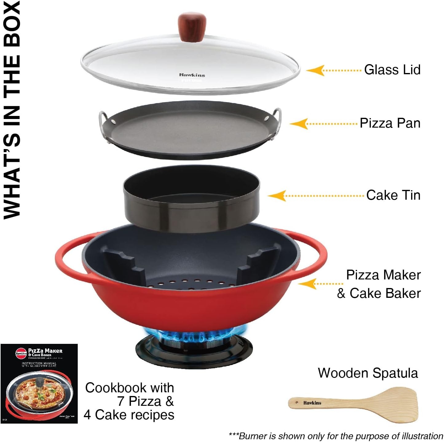 image:imageHAWKINS Diecast 30 cm Nonstick Pizza Maker and Cake Baker with Glass Lid Gas Oven Pizza Oven Toaster Griller Tandoor Barbecue Cake Baking Pan Red Pizza