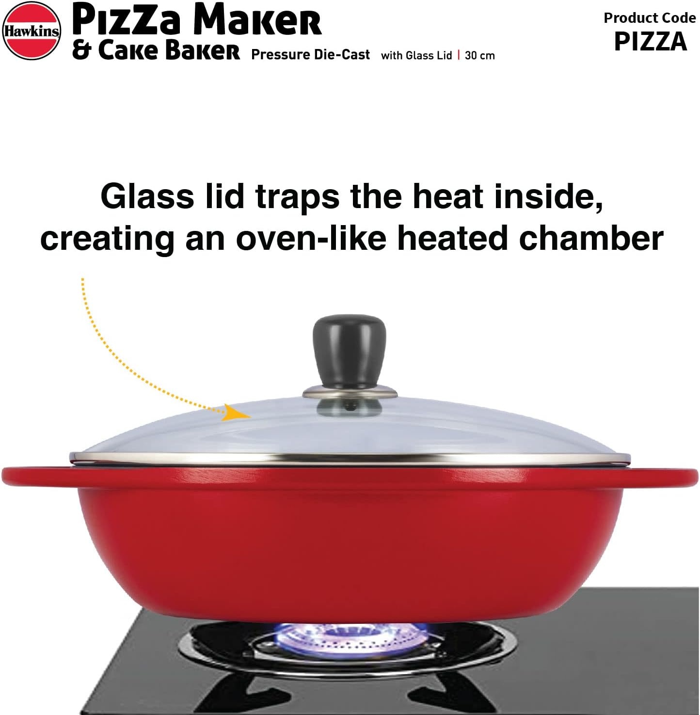 image:imageHAWKINS Diecast 30 cm Nonstick Pizza Maker and Cake Baker with Glass Lid Gas Oven Pizza Oven Toaster Griller Tandoor Barbecue Cake Baking Pan Red Pizza