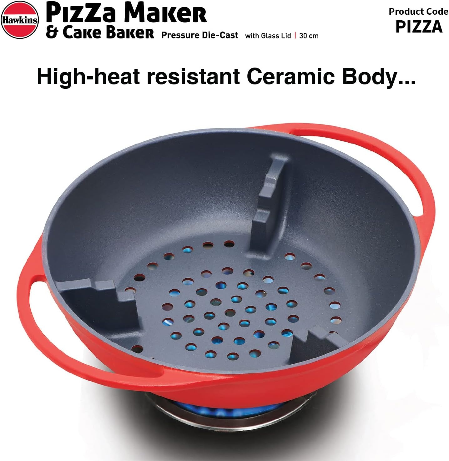 image:imageHAWKINS Diecast 30 cm Nonstick Pizza Maker and Cake Baker with Glass Lid Gas Oven Pizza Oven Toaster Griller Tandoor Barbecue Cake Baking Pan Red Pizza