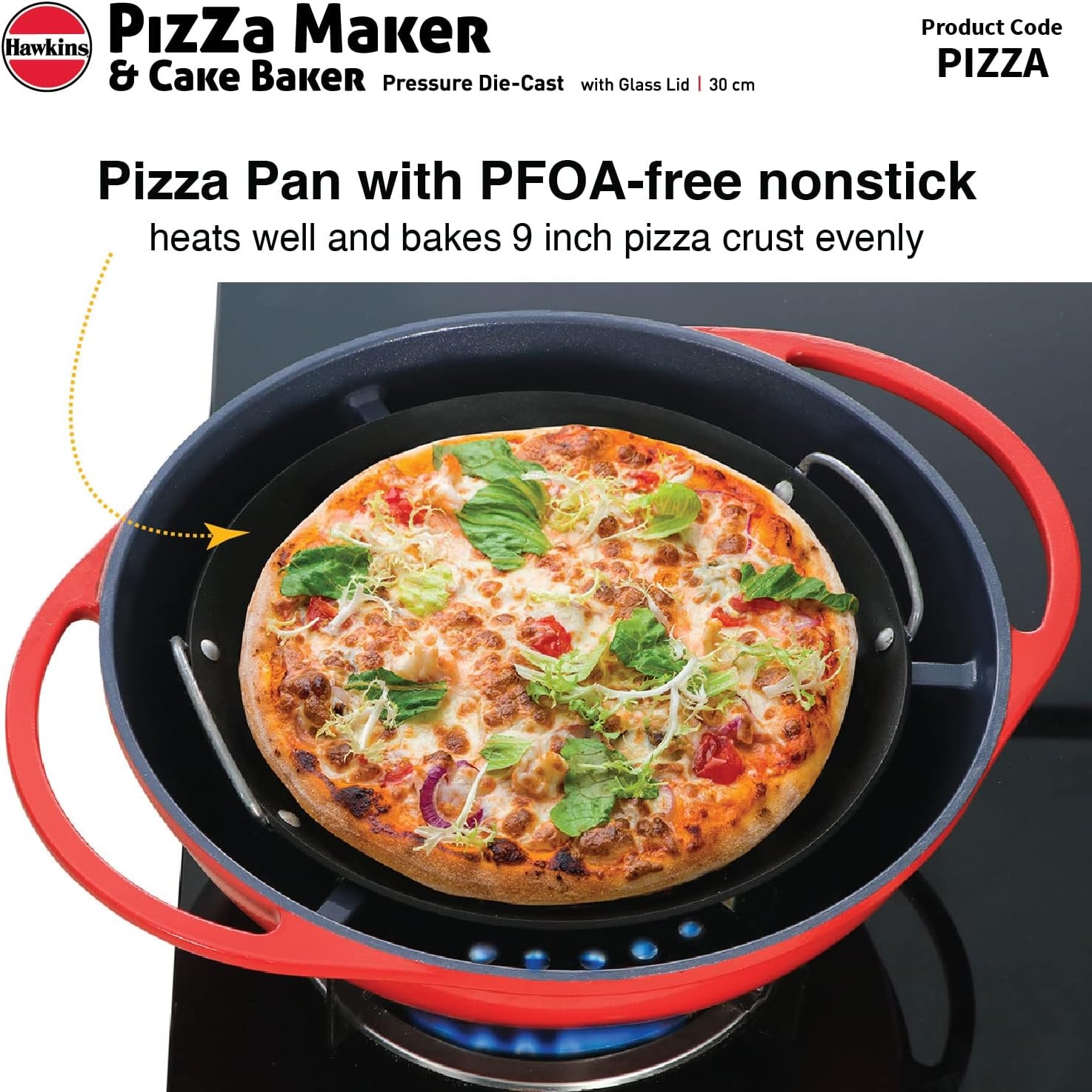 image:imageHAWKINS Diecast 30 cm Nonstick Pizza Maker and Cake Baker with Glass Lid Gas Oven Pizza Oven Toaster Griller Tandoor Barbecue Cake Baking Pan Red Pizza
