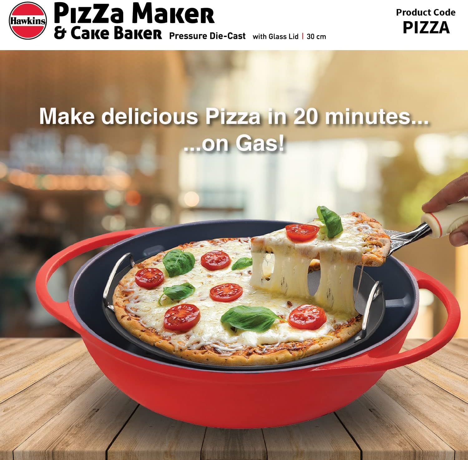 image:imageHAWKINS Diecast 30 cm Nonstick Pizza Maker and Cake Baker with Glass Lid Gas Oven Pizza Oven Toaster Griller Tandoor Barbecue Cake Baking Pan Red Pizza