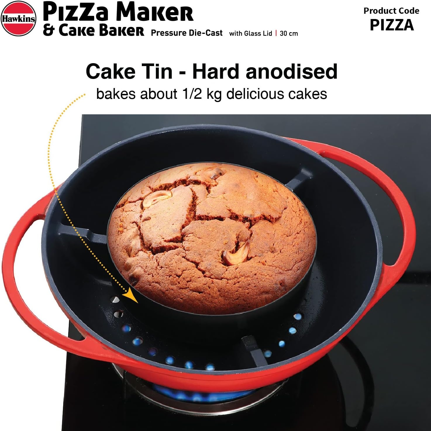 image:imageHAWKINS Diecast 30 cm Nonstick Pizza Maker and Cake Baker with Glass Lid Gas Oven Pizza Oven Toaster Griller Tandoor Barbecue Cake Baking Pan Red Pizza