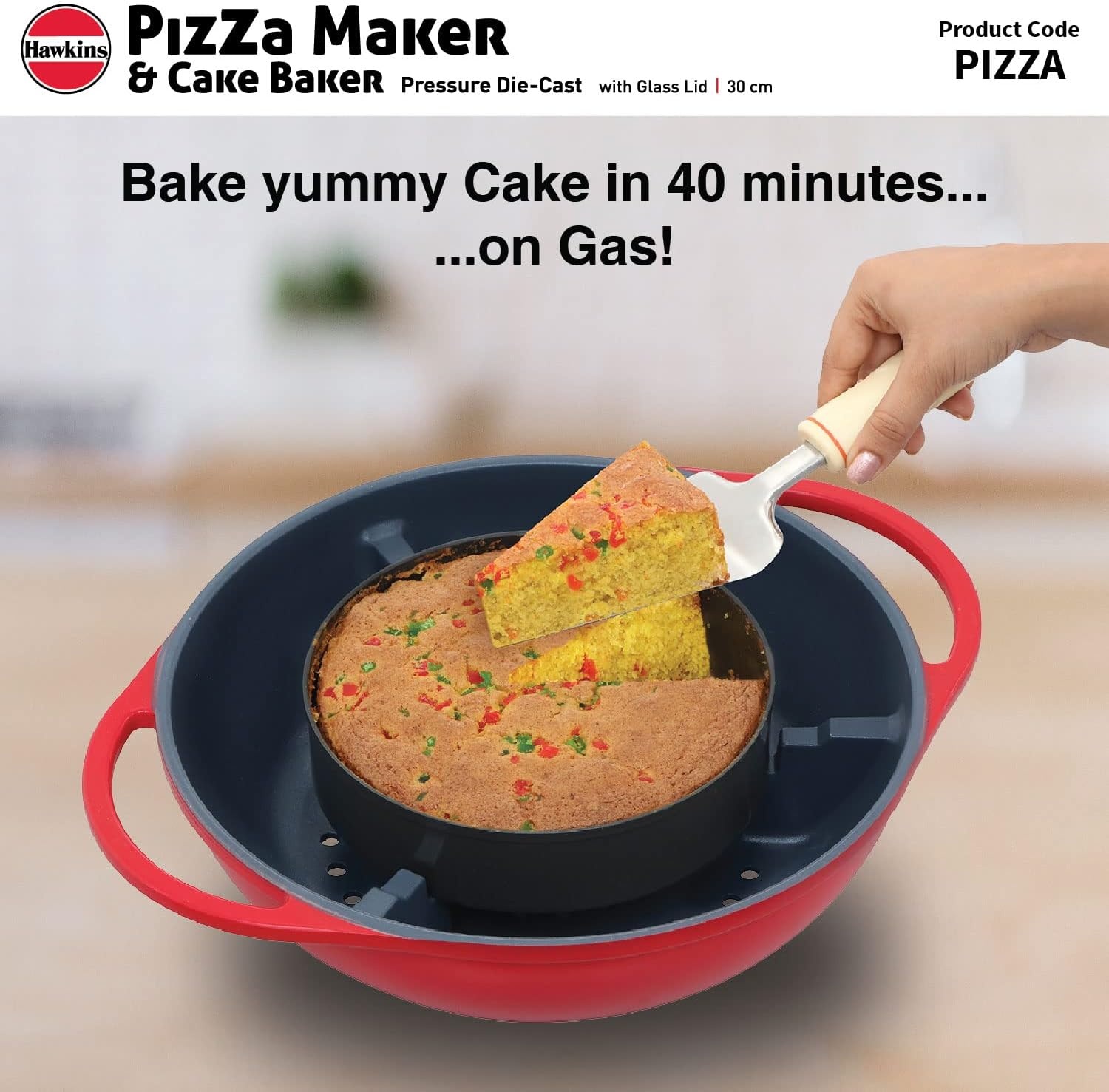 image:imageHAWKINS Diecast 30 cm Nonstick Pizza Maker and Cake Baker with Glass Lid Gas Oven Pizza Oven Toaster Griller Tandoor Barbecue Cake Baking Pan Red Pizza
