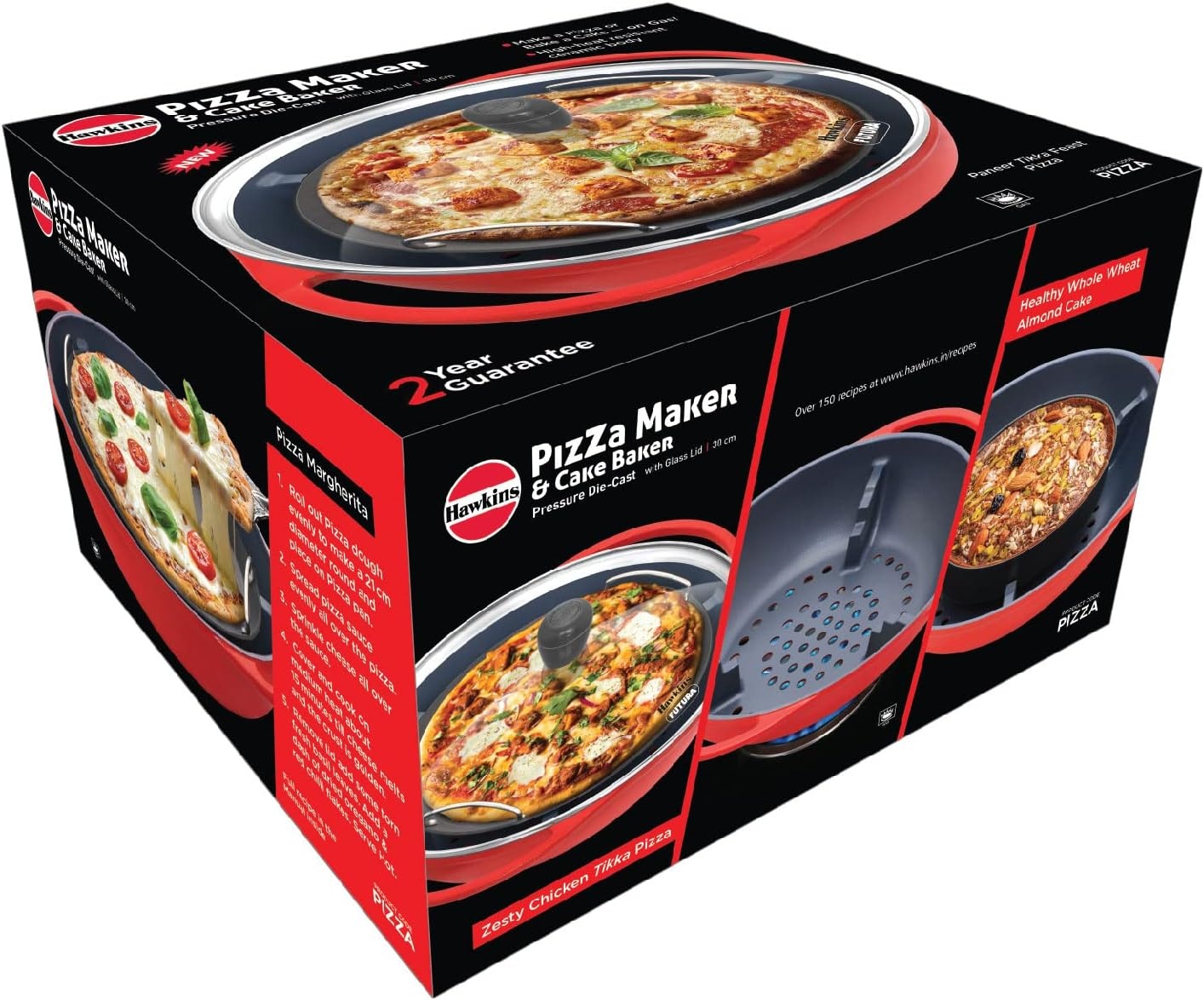 image:imageHAWKINS Diecast 30 cm Nonstick Pizza Maker and Cake Baker with Glass Lid Gas Oven Pizza Oven Toaster Griller Tandoor Barbecue Cake Baking Pan Red Pizza