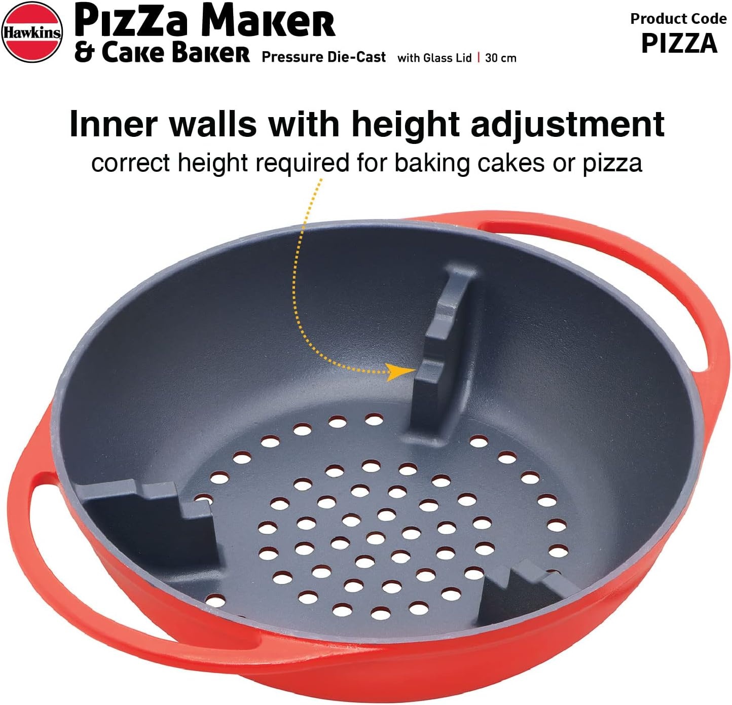 image:imageHAWKINS Diecast 30 cm Nonstick Pizza Maker and Cake Baker with Glass Lid Gas Oven Pizza Oven Toaster Griller Tandoor Barbecue Cake Baking Pan Red Pizza