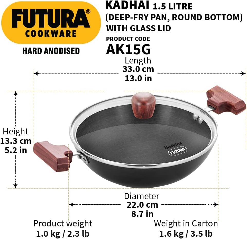 image:imageHAWKINS Futura 15 Litre Deep Fry Pan Hard Anodised Kadai with Glass Lid Round Bottom Kadhai Small Kadai Black AK15G