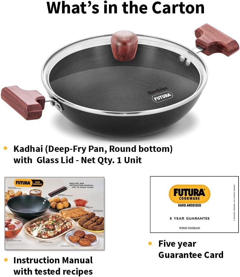 image:imageHAWKINS Futura 15 Litre Deep Fry Pan Hard Anodised Kadai with Glass Lid Round Bottom Kadhai Small Kadai Black AK15G