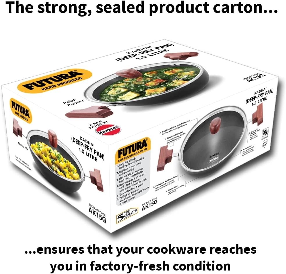 image:imageHAWKINS Futura 15 Litre Deep Fry Pan Hard Anodised Kadai with Glass Lid Round Bottom Kadhai Small Kadai Black AK15G