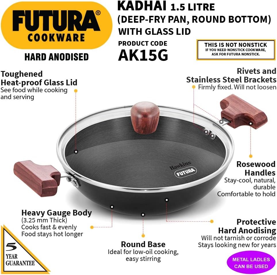 image:imageHAWKINS Futura 15 Litre Deep Fry Pan Hard Anodised Kadai with Glass Lid Round Bottom Kadhai Small Kadai Black AK15G