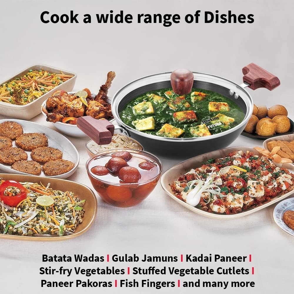 image:imageHAWKINS Futura 15 Litre Deep Fry Pan Hard Anodised Kadai with Glass Lid Round Bottom Kadhai Small Kadai Black AK15G