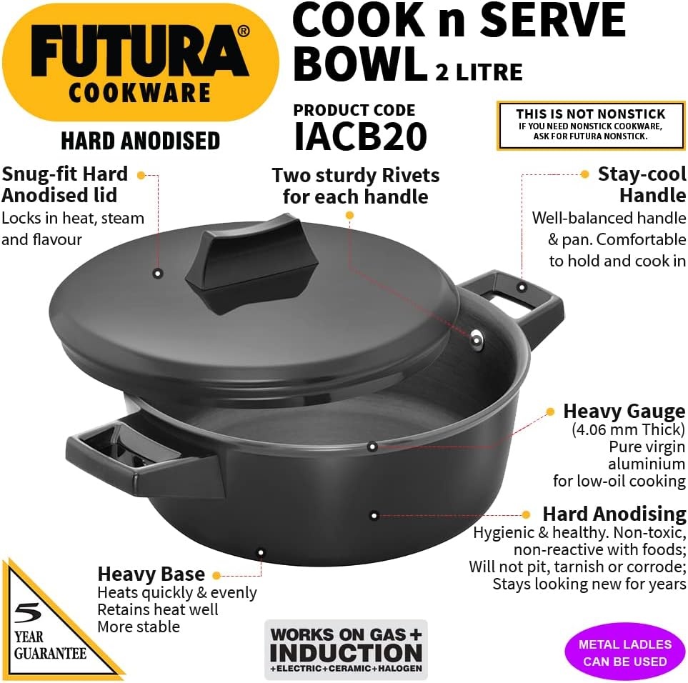 image:imageHAWKINS Futura 2 Litre Cook n Serve Bowl Hard Anodised Saucepan and Lid Sauce Pan for Cooking Black Bowl for Serving Black IACB20