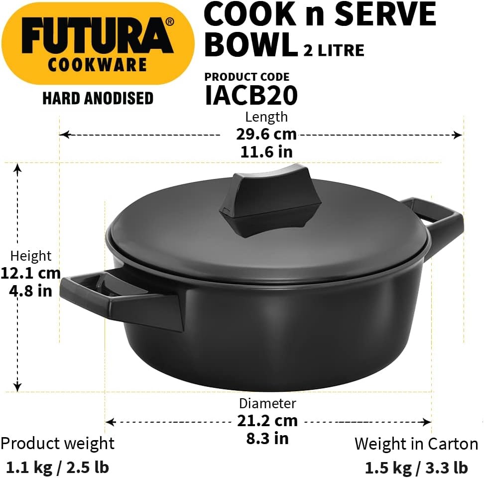 image:imageHAWKINS Futura 2 Litre Cook n Serve Bowl Hard Anodised Saucepan and Lid Sauce Pan for Cooking Black Bowl for Serving Black IACB20