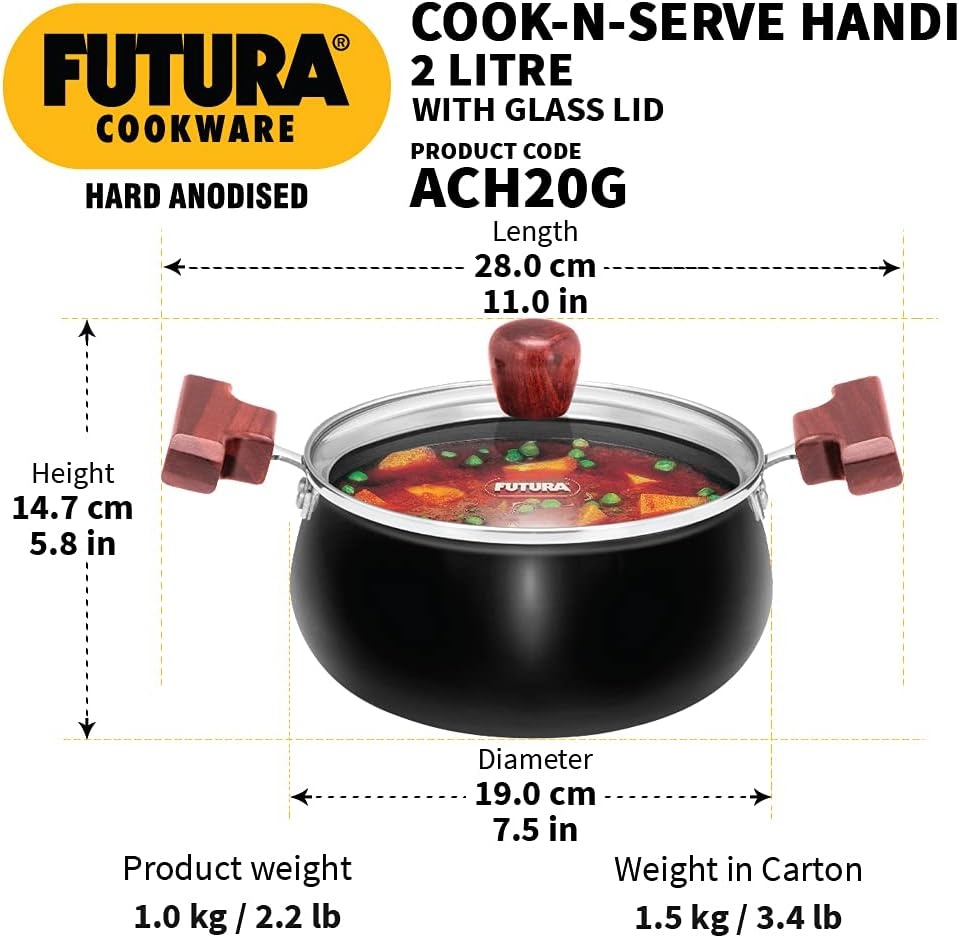 image:imageHAWKINS Futura 2 Litre Cook n Serve Handi Hard Anodised Biryani Handi with Glass Lid Saucepan Sauce Pan Black ACH20G