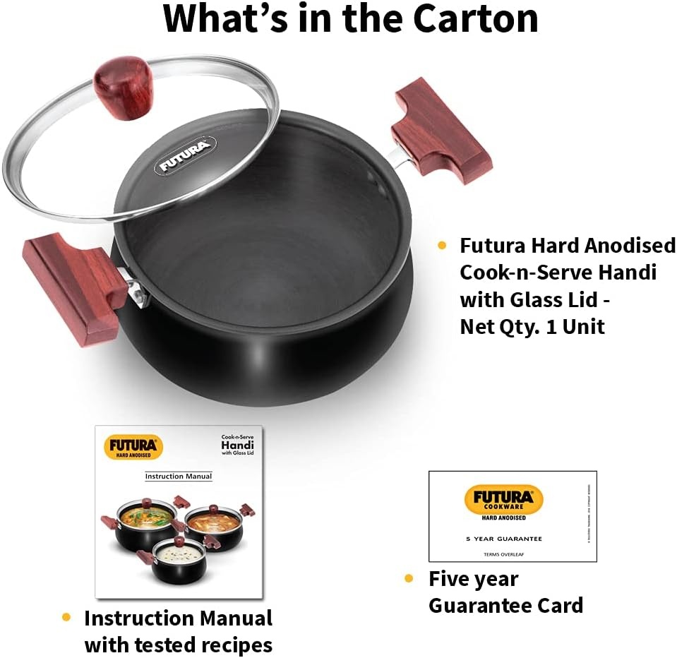 image:imageHAWKINS Futura 2 Litre Cook n Serve Handi Hard Anodised Biryani Handi with Glass Lid Saucepan Sauce Pan Black ACH20G