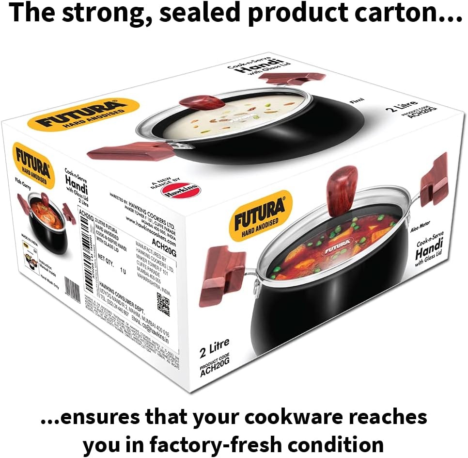 image:imageHAWKINS Futura 2 Litre Cook n Serve Handi Hard Anodised Biryani Handi with Glass Lid Saucepan Sauce Pan Black ACH20G