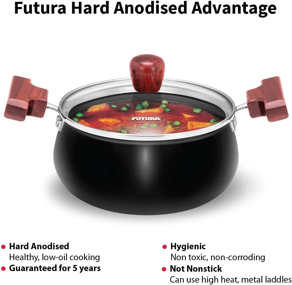 image:imageHAWKINS Futura 2 Litre Cook n Serve Handi Hard Anodised Biryani Handi with Glass Lid Saucepan Sauce Pan Black ACH20G