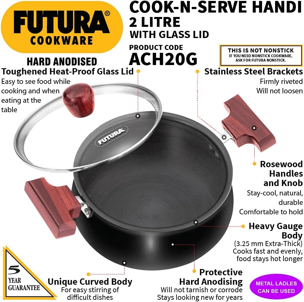 image:imageHAWKINS Futura 2 Litre Cook n Serve Handi Hard Anodised Biryani Handi with Glass Lid Saucepan Sauce Pan Black ACH20G