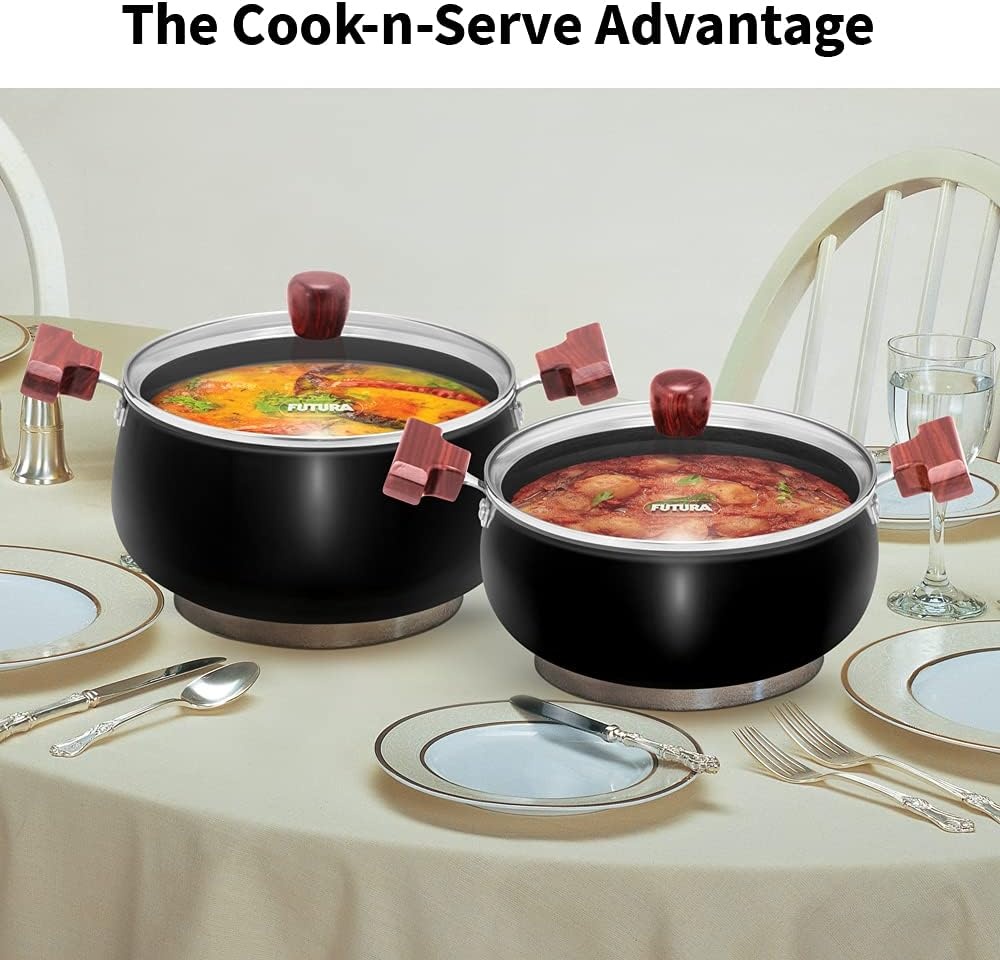 image:imageHAWKINS Futura 2 Litre Cook n Serve Handi Hard Anodised Biryani Handi with Glass Lid Saucepan Sauce Pan Black ACH20G