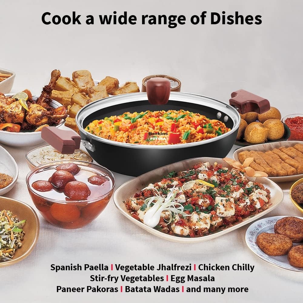 image:imageHAWKINS Futura 25 Litre Shallow Kadhai Nonstick Kadai with Glass Lid Flat Bottom Induction Kadhai Deep Fry Pan Black INSK25G