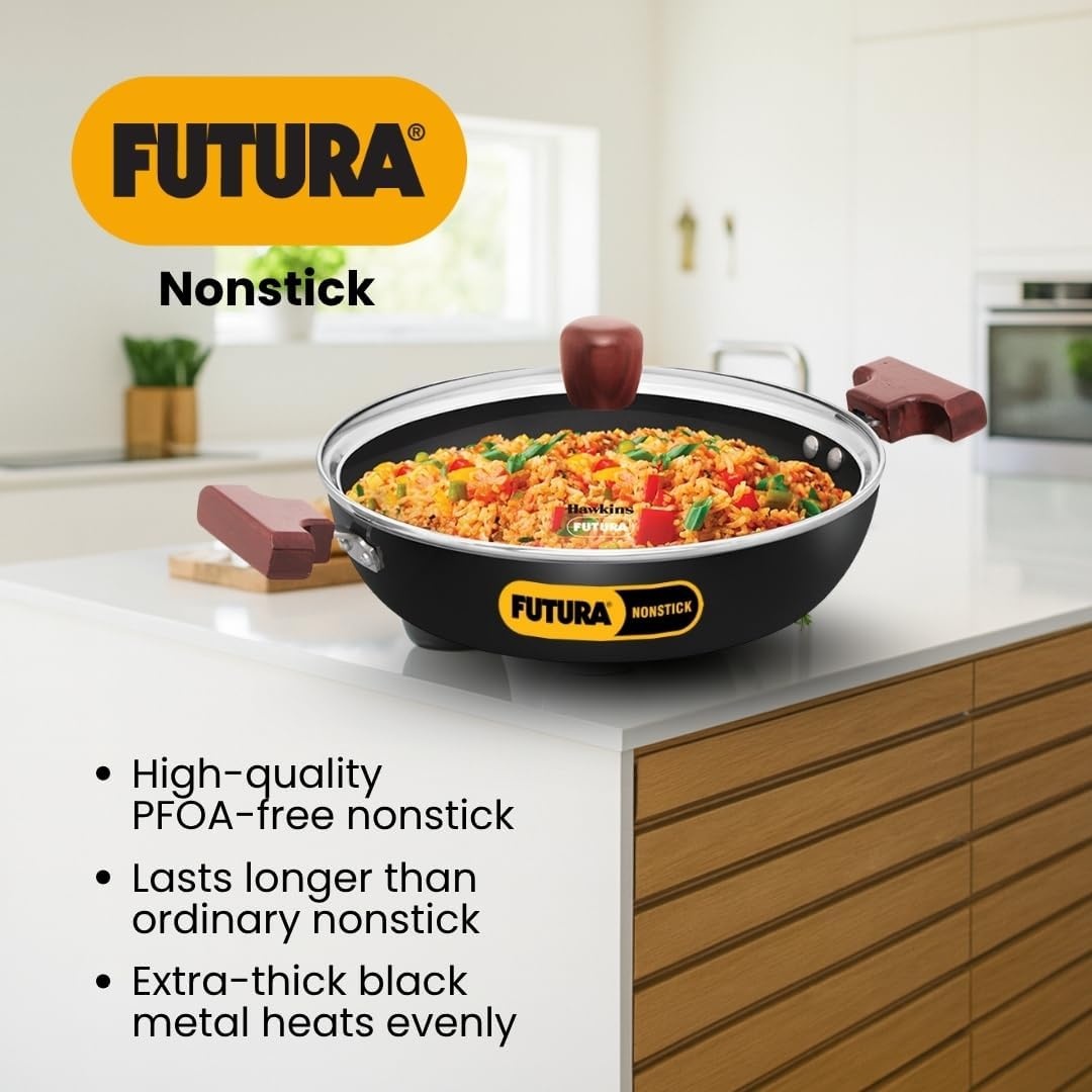 image:imageHAWKINS Futura 25 Litre Shallow Kadhai Nonstick Kadai with Glass Lid Flat Bottom Induction Kadhai Deep Fry Pan Black INSK25G