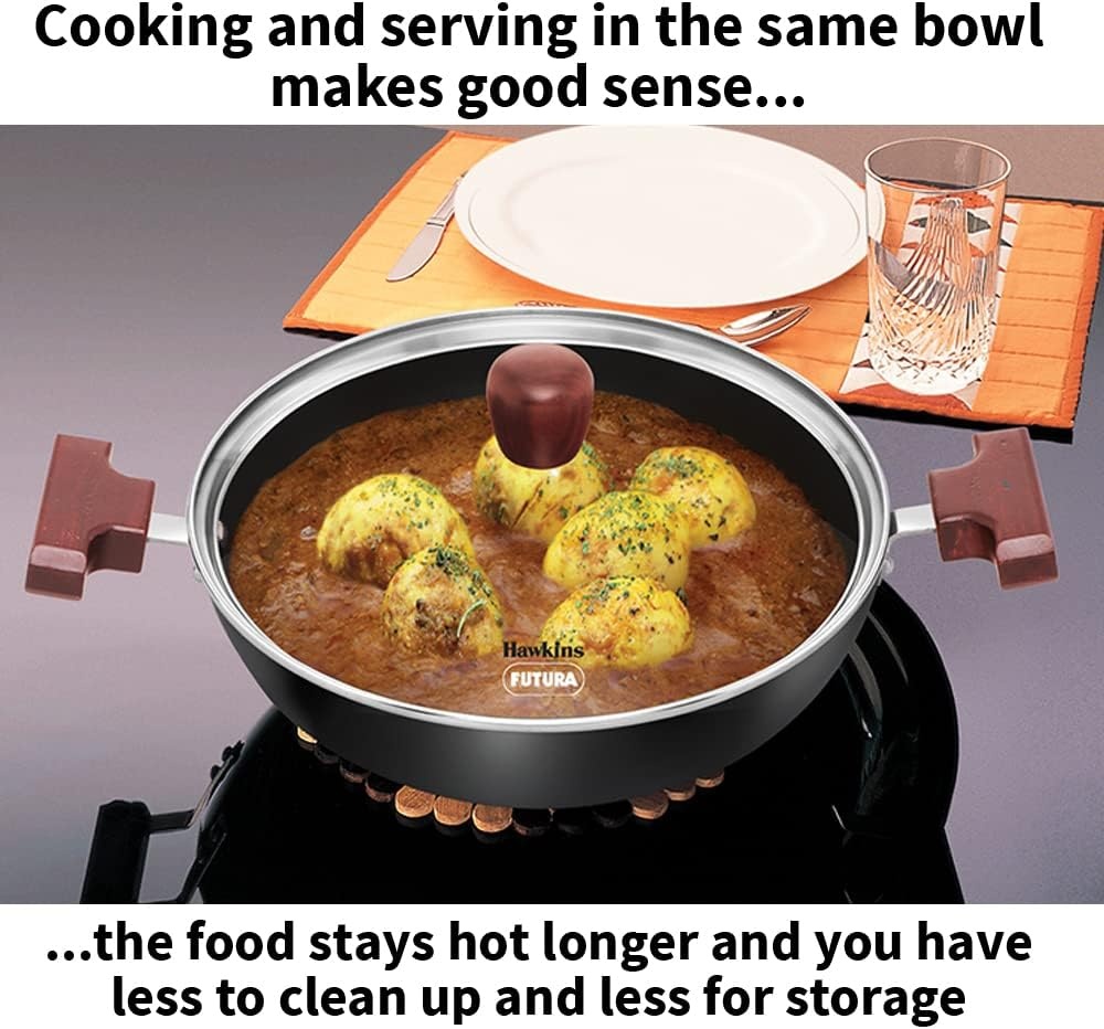 image:imageHAWKINS Futura 25 Litre Shallow Kadhai Nonstick Kadai with Glass Lid Flat Bottom Induction Kadhai Deep Fry Pan Black INSK25G