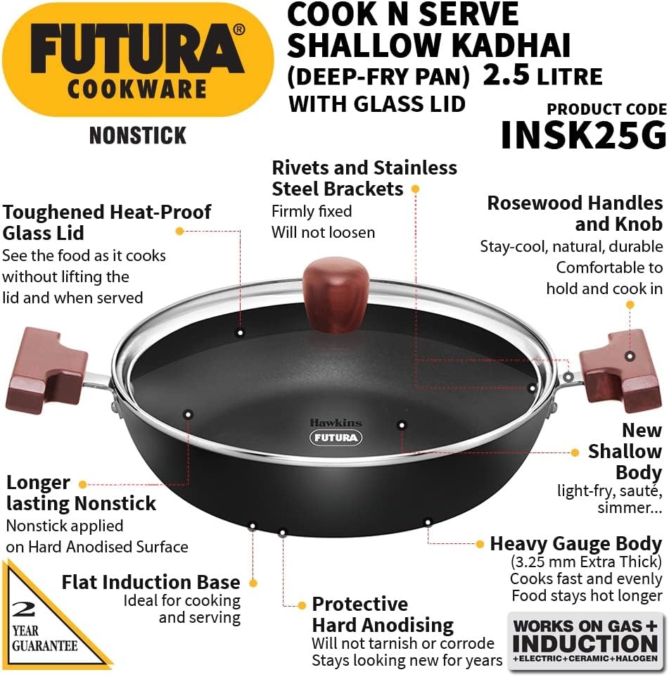 image:imageHAWKINS Futura 25 Litre Shallow Kadhai Nonstick Kadai with Glass Lid Flat Bottom Induction Kadhai Deep Fry Pan Black INSK25G