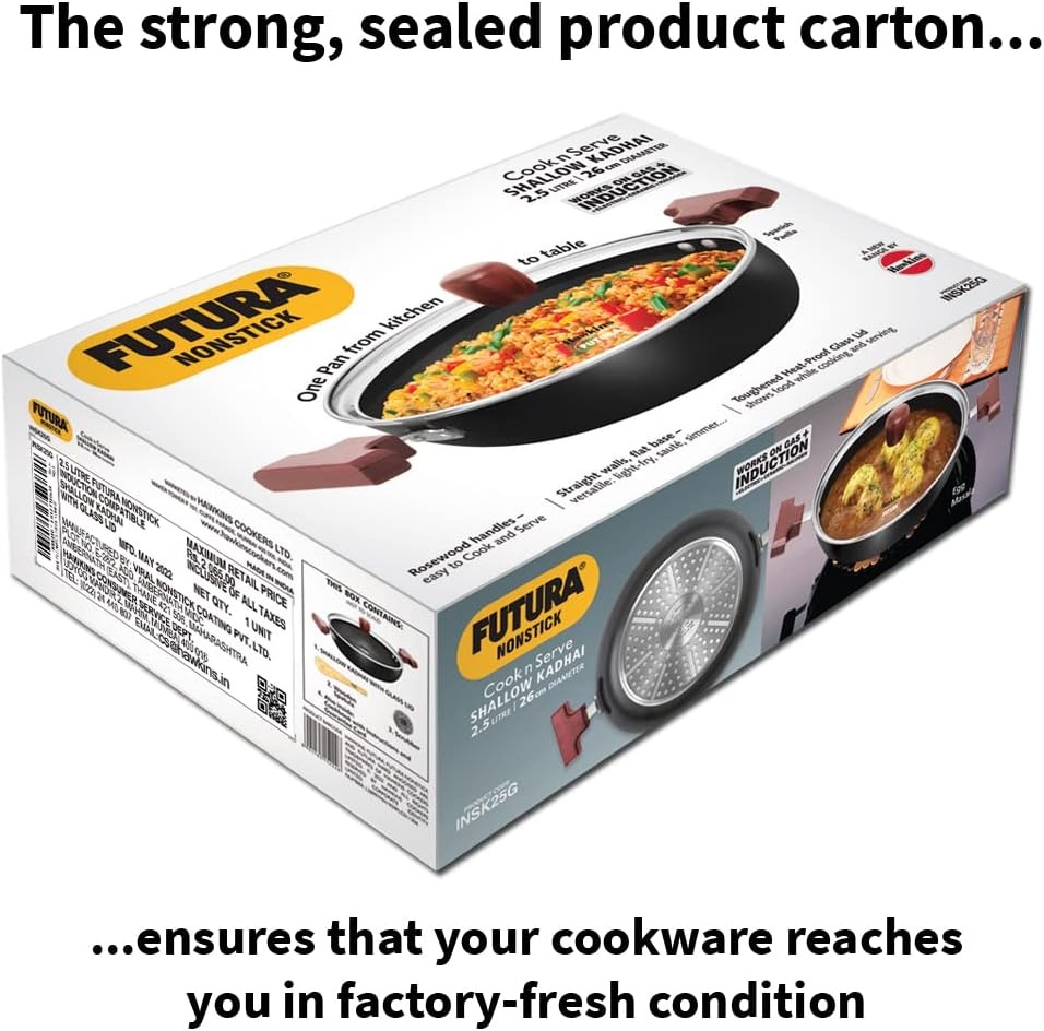 image:imageHAWKINS Futura 25 Litre Shallow Kadhai Nonstick Kadai with Glass Lid Flat Bottom Induction Kadhai Deep Fry Pan Black INSK25G