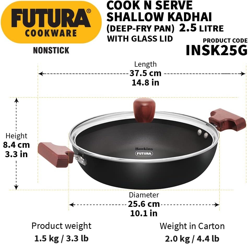 image:imageHAWKINS Futura 25 Litre Shallow Kadhai Nonstick Kadai with Glass Lid Flat Bottom Induction Kadhai Deep Fry Pan Black INSK25G