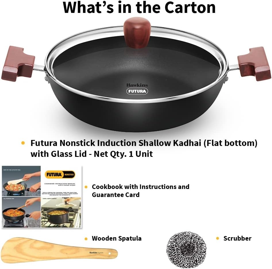 image:imageHAWKINS Futura 25 Litre Shallow Kadhai Nonstick Kadai with Glass Lid Flat Bottom Induction Kadhai Deep Fry Pan Black INSK25G