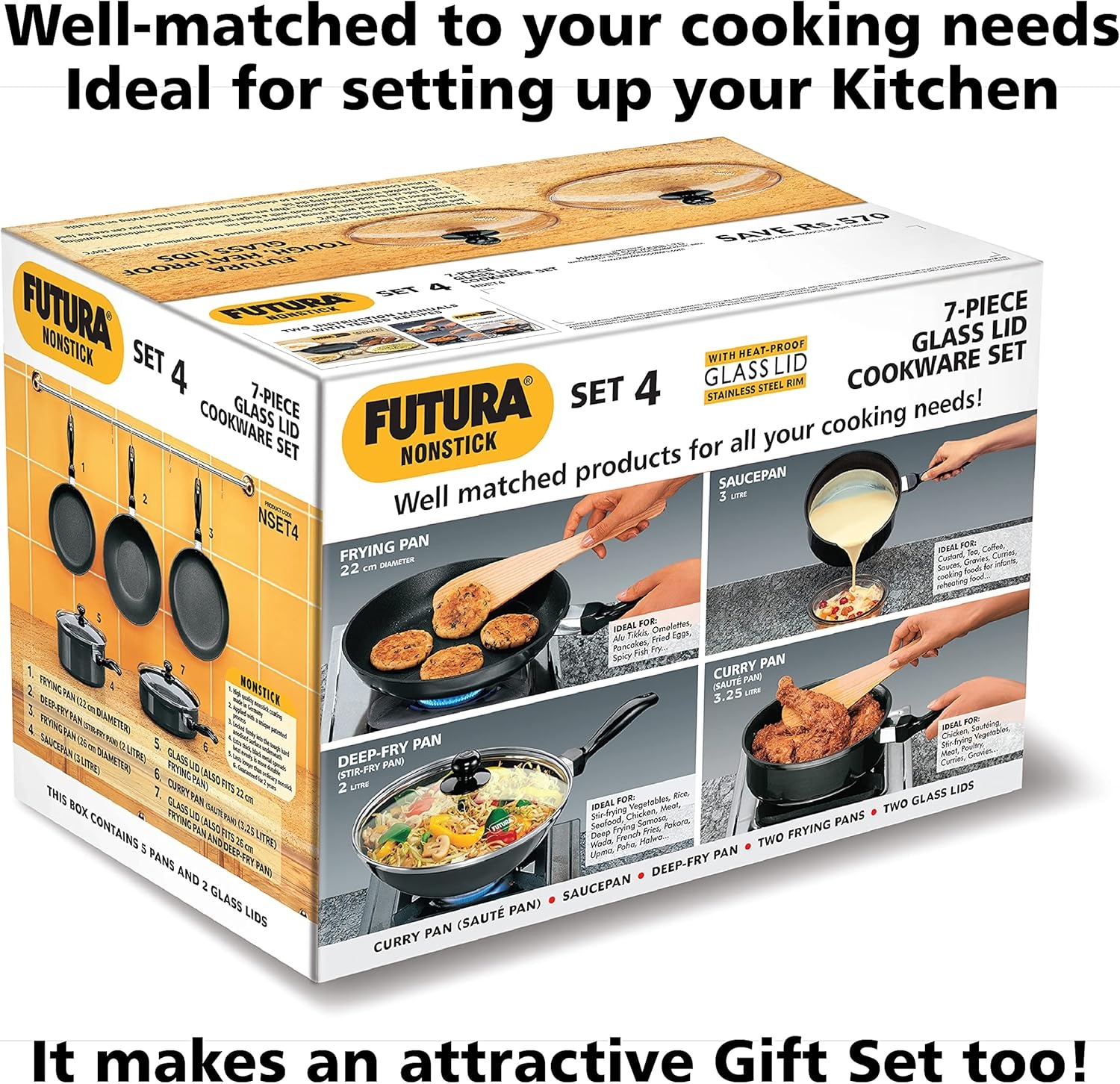 image:imageHAWKINS Futura NonStick Cookware 7 Pieces Set QS5 2 LTR 3 LTR 325 LTR Black NSET4