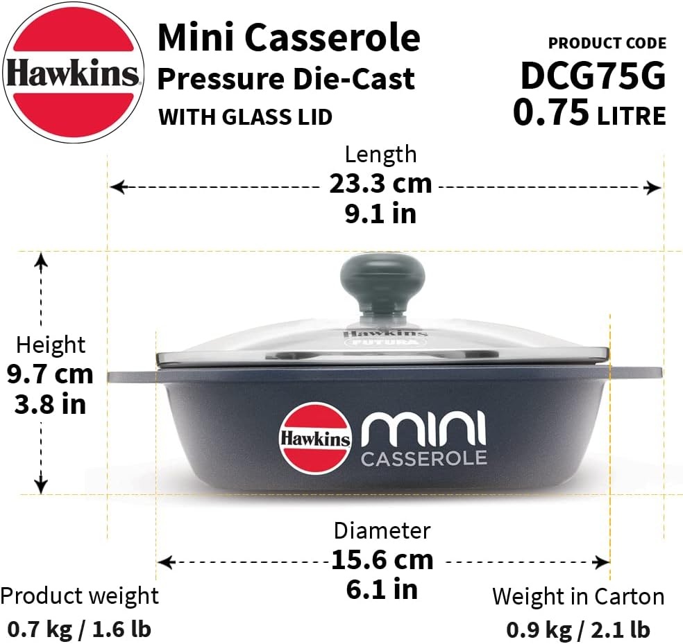 image:imageHawkins 075 Litre Mini Casserole with Glass Lid Oval Shaped DieCast pan for Cooking Reheating Serving and Storing Grey DCG75G
