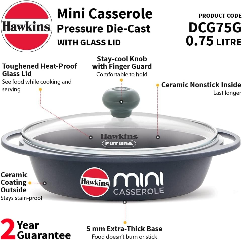 image:imageHawkins 075 Litre Mini Casserole with Glass Lid Oval Shaped DieCast pan for Cooking Reheating Serving and Storing Grey DCG75G