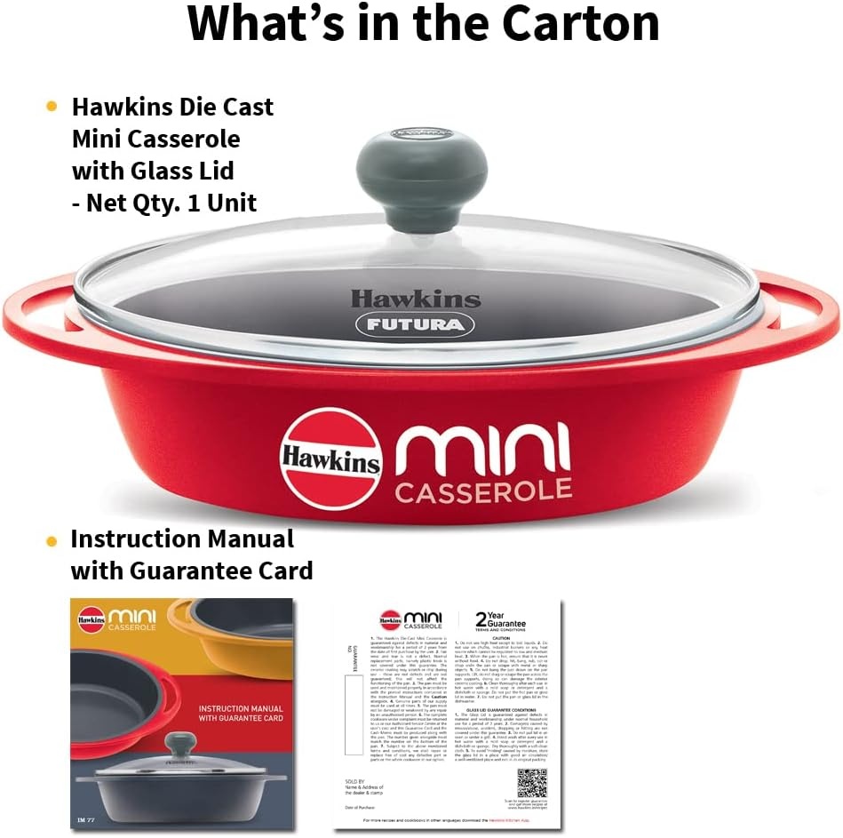 image:imageHawkins 075 Litre Mini Casserole with Glass Lid Oval Shaped DieCast pan for Cooking Reheating Serving and Storing Red DCR75G