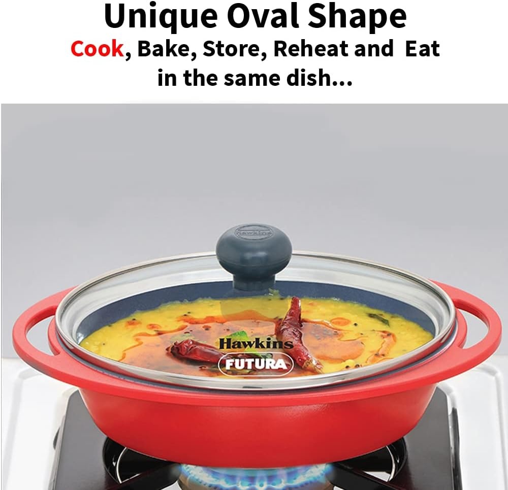 image:imageHawkins 075 Litre Mini Casserole with Glass Lid Oval Shaped DieCast pan for Cooking Reheating Serving and Storing Red DCR75G